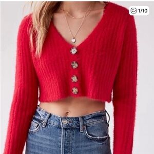 Urban Outfitters Red Fuzzy Cropped Cardigan